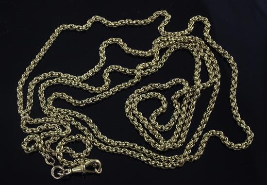 An early 20th century 9ct gold guard chain, 173cm.